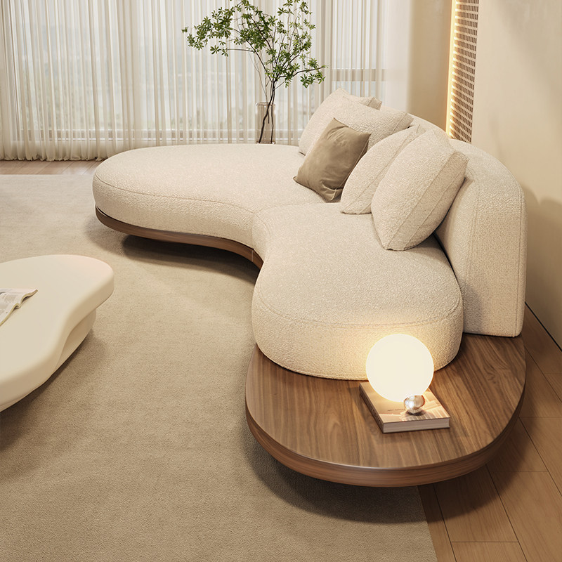 新款弧形诧寂奶油风棉麻布艺沙发弧形创意设计北美胡桃实木中古风