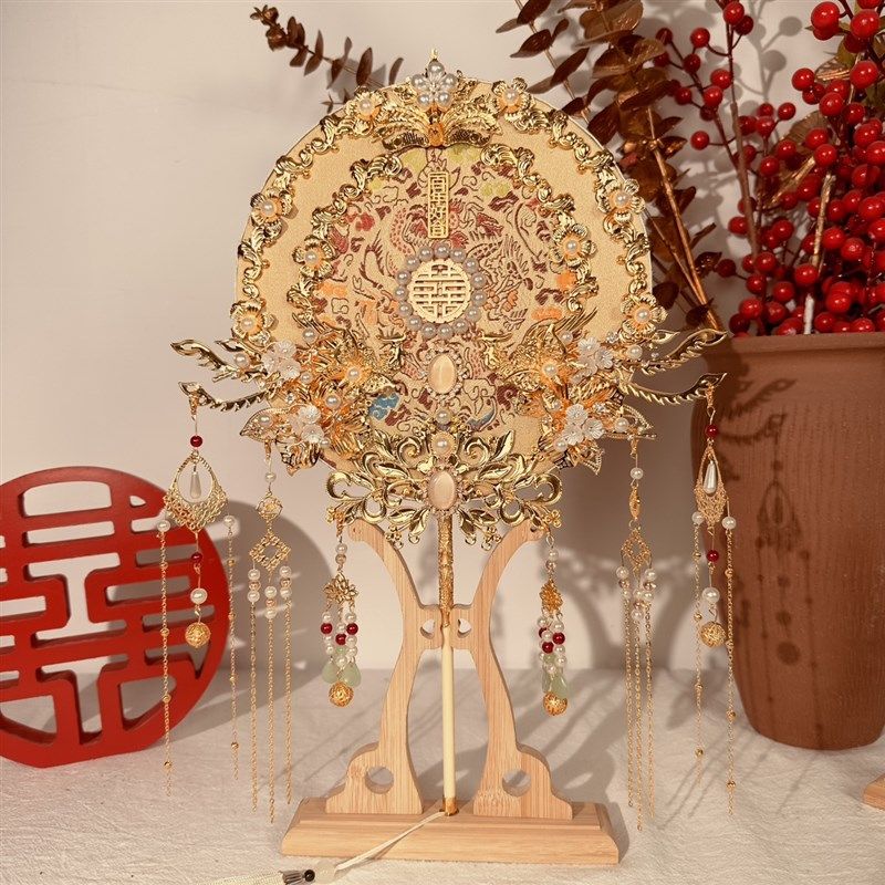 团扇结婚新娘中式秀禾扇子成品汉服出嫁喜扇材料包花扇婚礼香槟