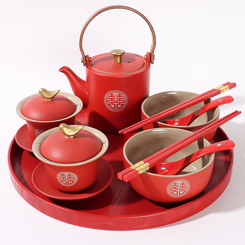 结婚改口敬茶杯茶壶盖碗 红色喜对碗托盘茶杯碗筷套装 婚礼茶碗壶,节庆用品/礼品,喜碗/敬茶杯,淘宝优惠券,粉丝福利购,淘宝优惠卷