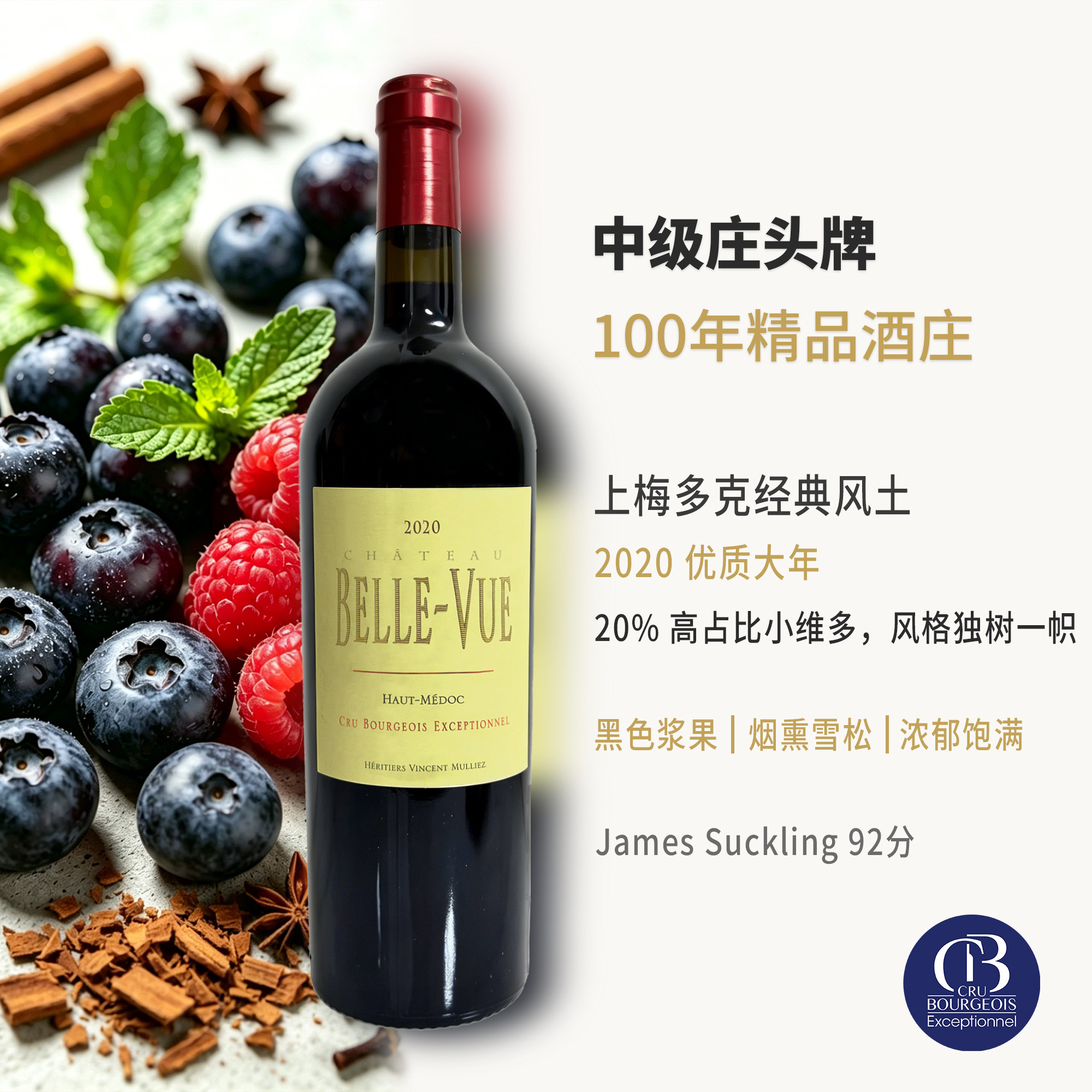 波尔多百年酒庄出品红葡萄酒2020年750ML卓越中级庄黑色水果