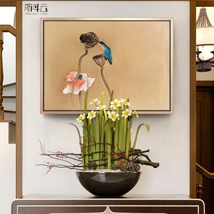 纯手绘油画新中式入户玄关横版挂画复古简约客厅装饰画高级感荷花