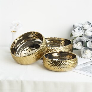 欧式电镀金色陶瓷花盆花卉装饰容器创意锤纹花盆家居酒店民宿摆件