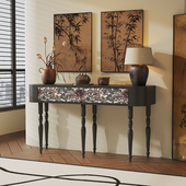 法式 复古玄关桌进门口客厅靠墙实木案台入户玄关柜花卉彩绘置物柜