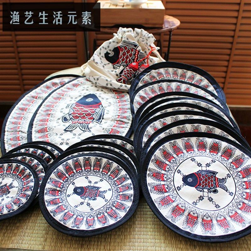 圆形餐垫碗垫盘子垫隔热垫布络鲤鱼中式手工全棉布艺饰品外事礼品