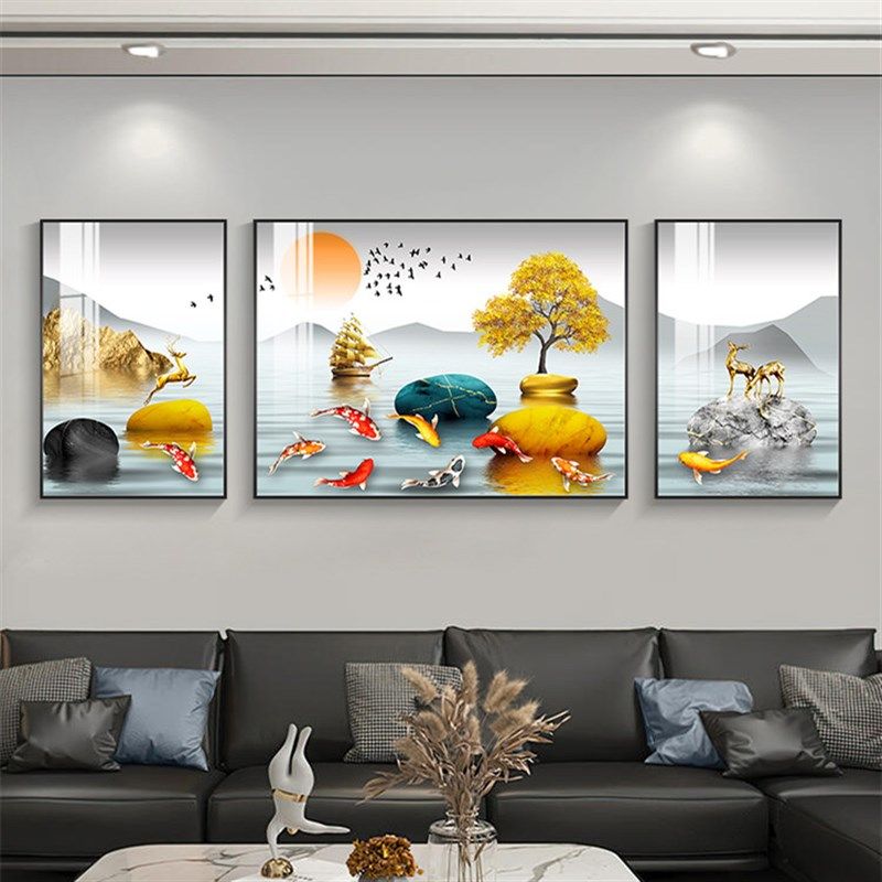 九鱼图山水画客厅挂画大气沙发背景墙装饰画年年有余三联画大壁画,家居饰品,现代装饰画,淘宝优惠券,粉丝福利购,淘宝优惠卷
