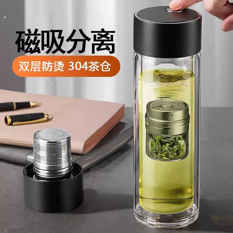 茶杯磁吸茶水分离杯子2024男新款办公温显双层磁弹泡茶杯玻璃水杯