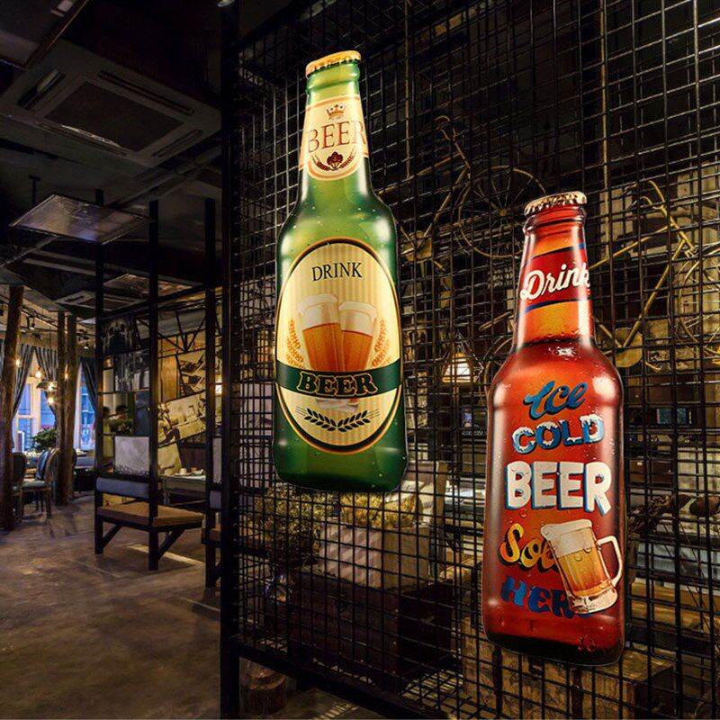工业风复古做旧铁艺啤酒瓶立体挂件酒吧火锅烧烤店铁皮画墙面装饰