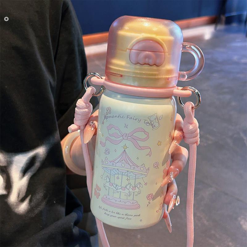 少女心保温杯学生上学专用女生高颜值吸管水杯车载便携背带双饮杯