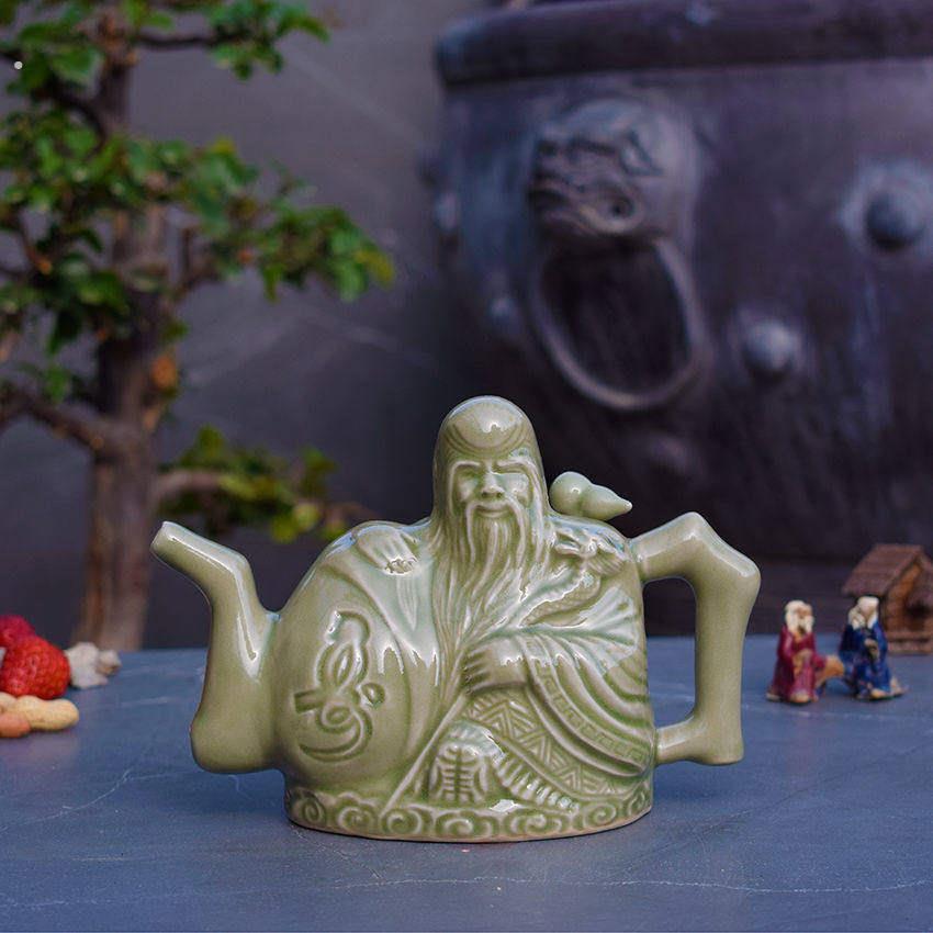 双层两心壶鸳鸯壶倒流阴阳酒壶寿星古代千杯不醉仿古耀州窑青瓷