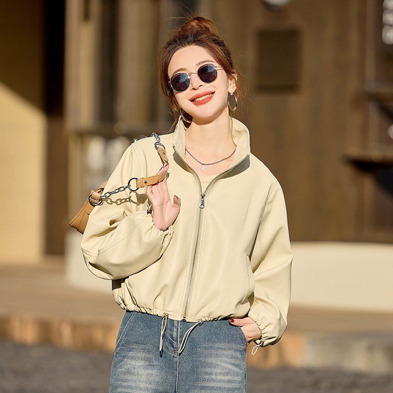 立领皮衣外套女高级感小个子2025春秋新款短款高腰复古机车皮夹克