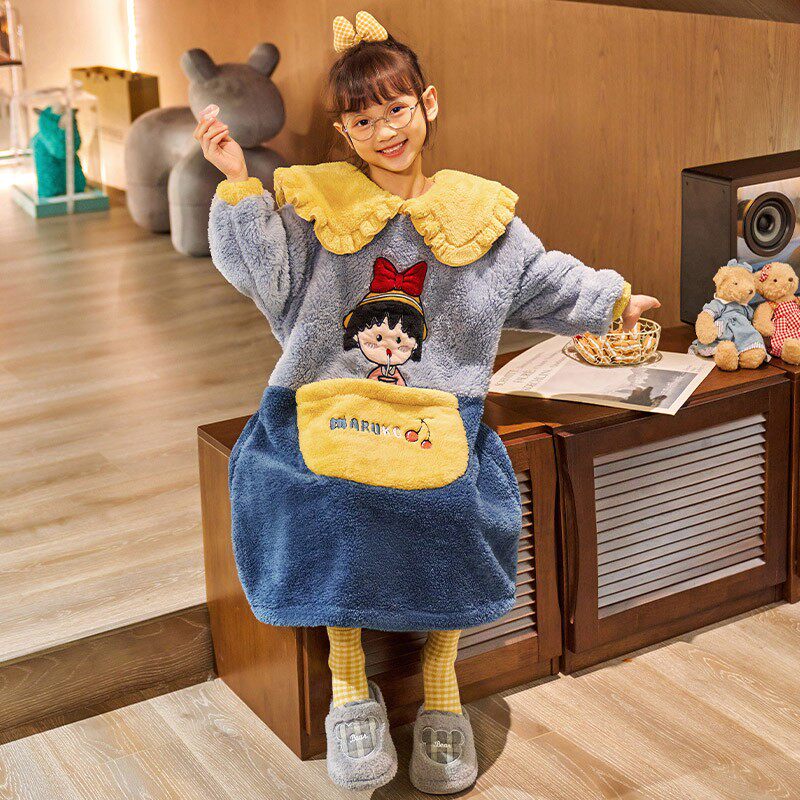 女童睡衣加厚法兰绒秋冬长袖儿童可爱家居服小女孩公主珊瑚绒睡裙