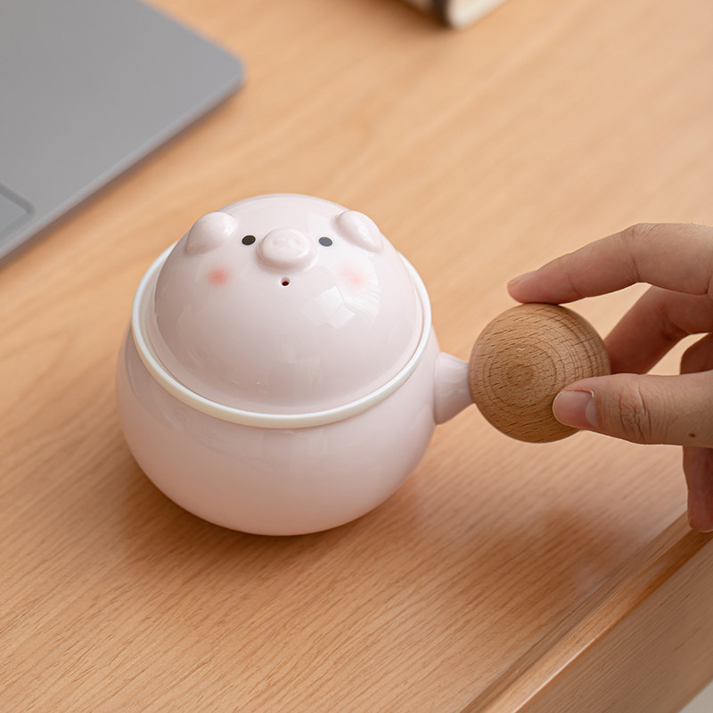 可爱猪猪过滤水杯陶瓷茶水分离带盖子创意女士办公室泡茶杯子礼盒
