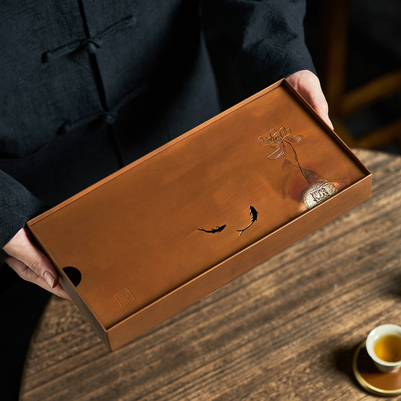 手工紫铜茶盘复古鎏银户外茶具托盘家用储水干泡台小型茶海壶承