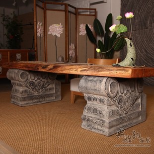 新中式仿复古老板桌腿大板桌脚祥云大象吉祥凳子仿石墩子底架摆件