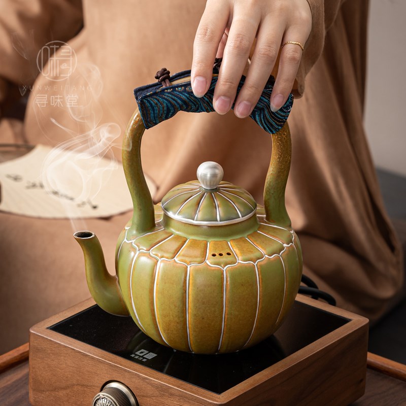 青绿釉银彩烧水壶煮茶壶老岩泥莲花提梁壶鎏银陶瓷茶具围炉煮茶