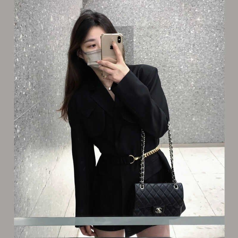 黑色高级感春秋新款宽松收腰配腰带中长款西装外套小个子西服上衣