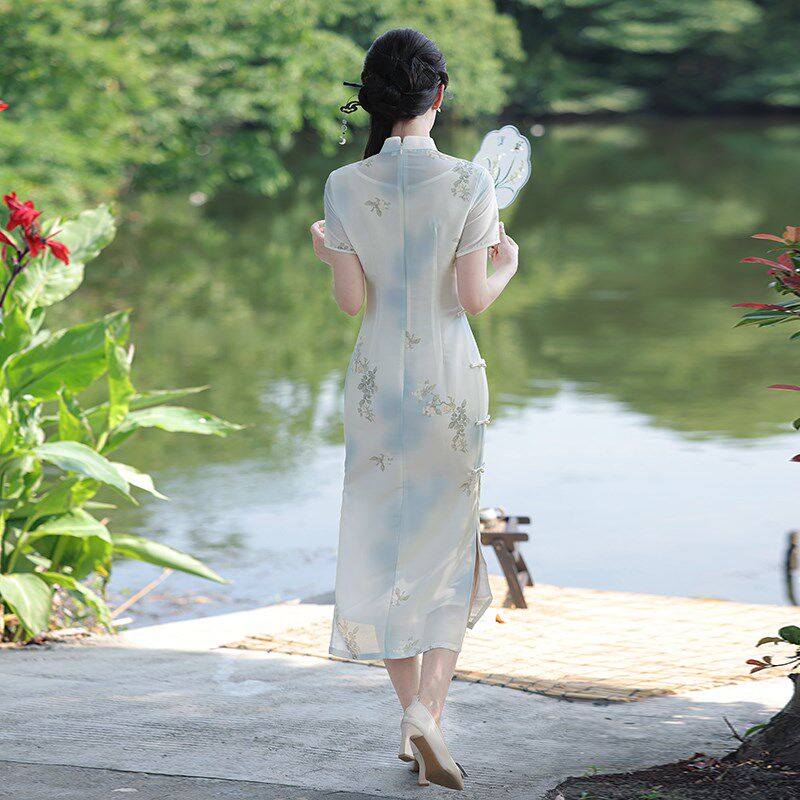 复古民国风蓝色短袖旗袍改良新中式2024年夏季新款日常可穿连衣裙