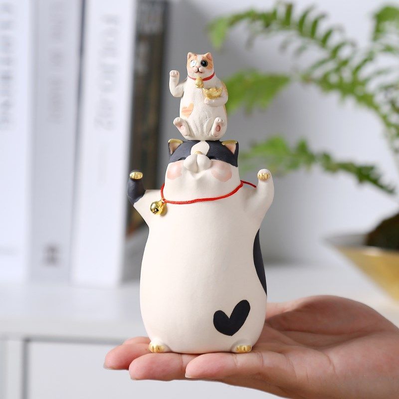可爱手作陶瓷招财猫咪创意家居办公桌面高级感装饰摆件女生小礼物