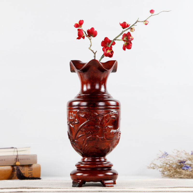 木雕工艺品摆件实木质花瓶中式花插花器客厅家居办公室装饰品摆设
