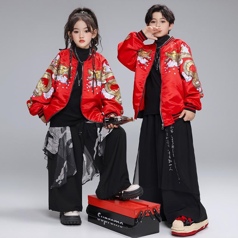 儿童街舞服男女童酷帅中国风夹克套装少儿嘻哈hiphop架子鼓演出服