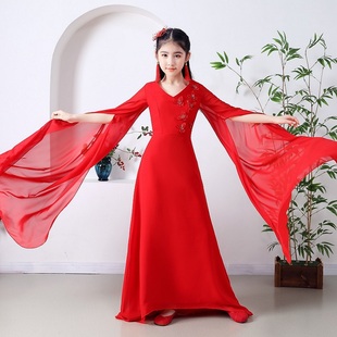 儿童古筝演出服女中大童夏季红色中国风古典新款拖尾飘逸水袖礼服