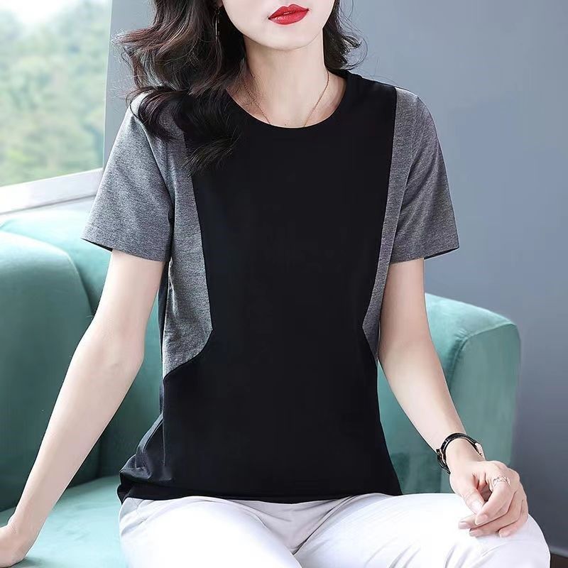 2024年妈妈夏装新款圆领显瘦t恤小衫拼接短袖女简约大码纯棉上衣,女装/女士精品,T恤,淘宝优惠券,粉丝福利购,淘宝优惠卷