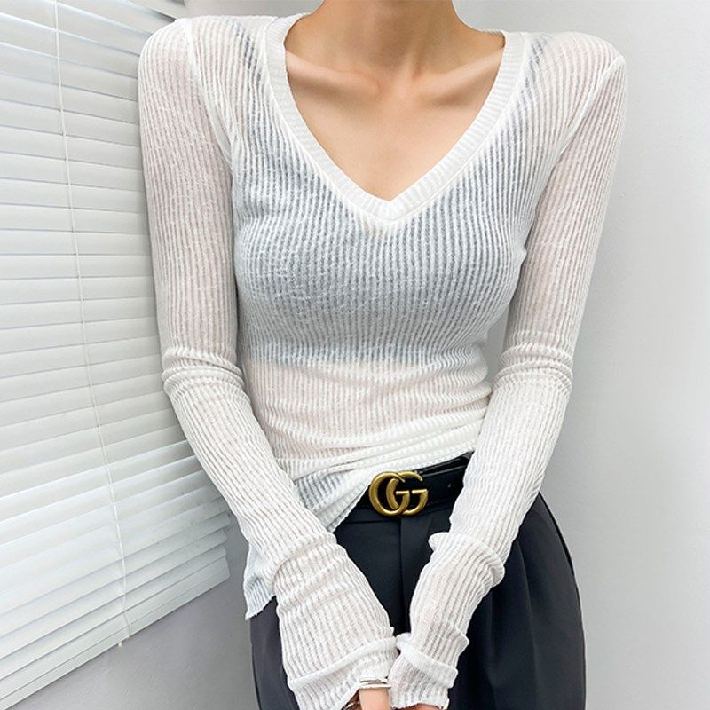 v领打底衫女黑色长袖时髦微透修身针织上衣内搭镂空设计感垫肩t恤,女装/女士精品,T恤,淘宝优惠券,粉丝福利购,淘宝优惠卷