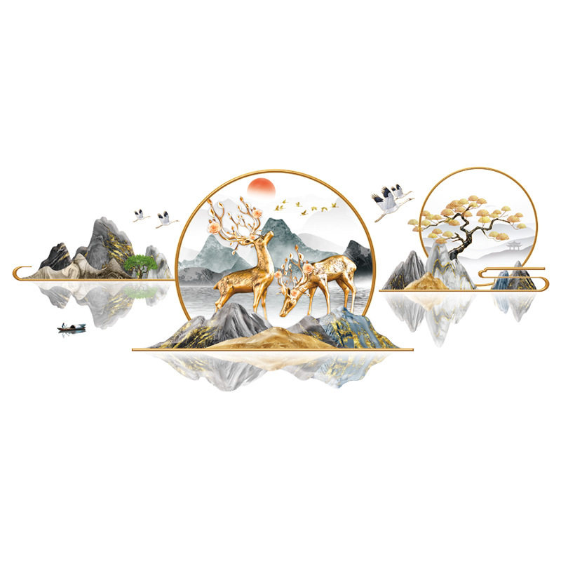 福鹿双全新中式山水画墙贴纸客厅沙发背景电视墙壁装饰品自粘贴画,家居饰品,软装墙贴,淘宝优惠券,粉丝福利购,淘宝优惠卷