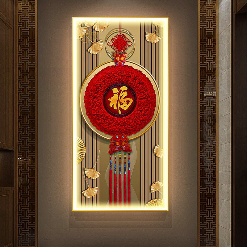 网红中国结玄关发光装饰入户门画福道字灯挂画新中式走廊过壁画