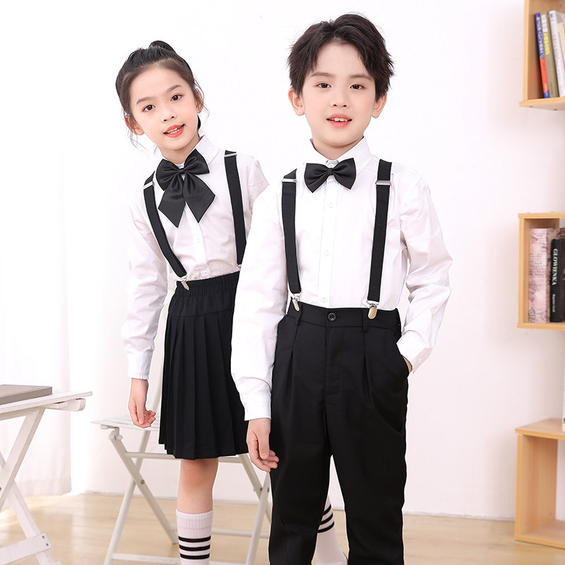 儿童白衬衫长袖黑裤子套装男女孩小学生表演大合唱生日礼钢琴服