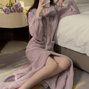 睡袍女冬季长款女士睡衣法兰绒保暖软绵绵外袍家居服公主风甜美