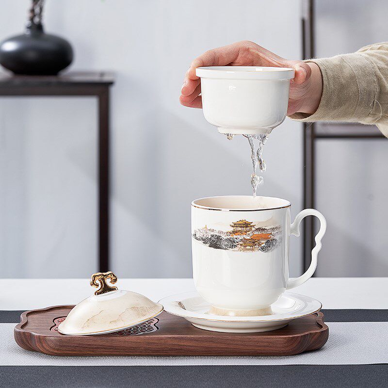 卓利瓷业新中式骨瓷茶杯盖杯四件套带茶漏会议杯会客办公水杯送礼