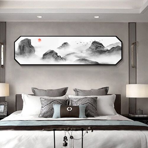 主卧床头挂画新中式卧室竹子装饰画中国风房间背景墙客厅荷花网红