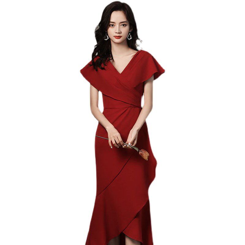 鱼尾敬酒服新娘2024新款春秋结婚订婚回门V领礼服平时可穿连衣裙