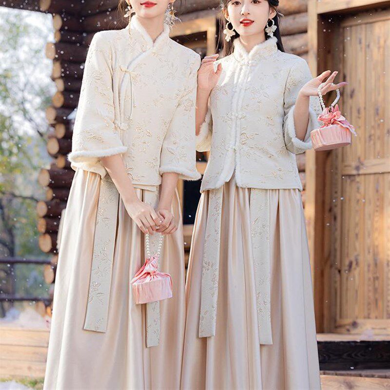 新中式伴娘服秋冬款2024新款婚礼姐妹团礼服裙女国风加绒冬季保暖