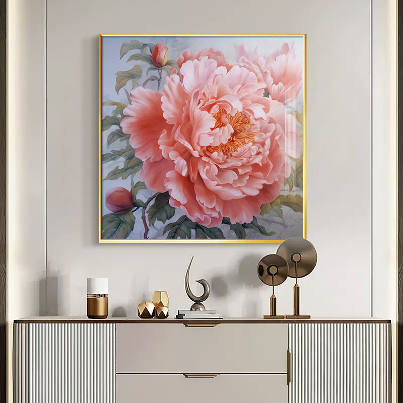 花开富贵玄关装饰画牡丹花进门入户挂画大芬油画村纯手绘餐厅壁画