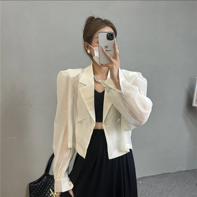 港味夏季新款西装领百搭高级感双排扣短款防晒衬衫显瘦气质上衣女