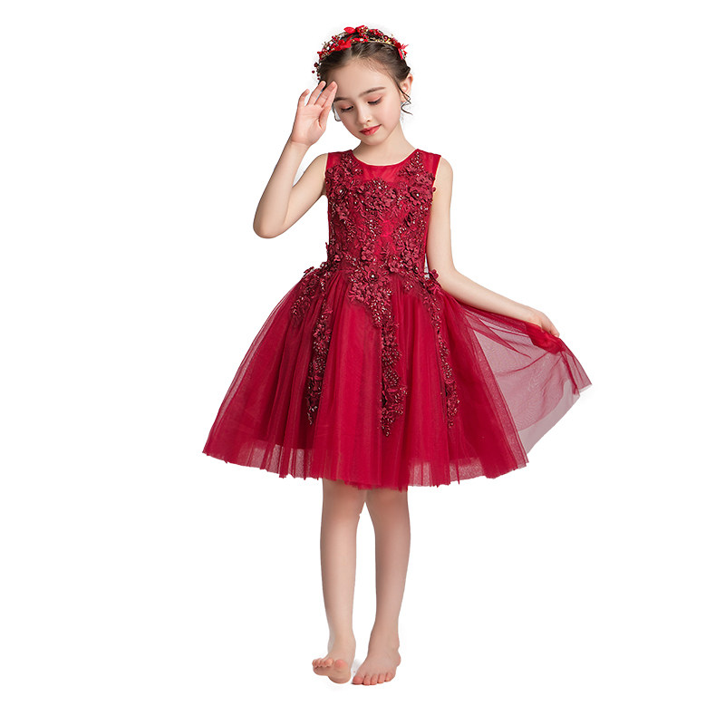 女童短款礼服公主裙生日红色花童小女孩主持人儿童钢琴演出服洋气
