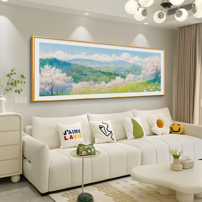 客厅装饰画轻奢高级感樱花沙发背景墙挂画奶油风大气卧室风景壁画