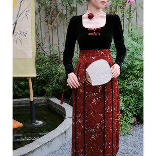 鹿与玫瑰新中式长袖红色连衣裙女气质高级复古国风改良汉服马面裙