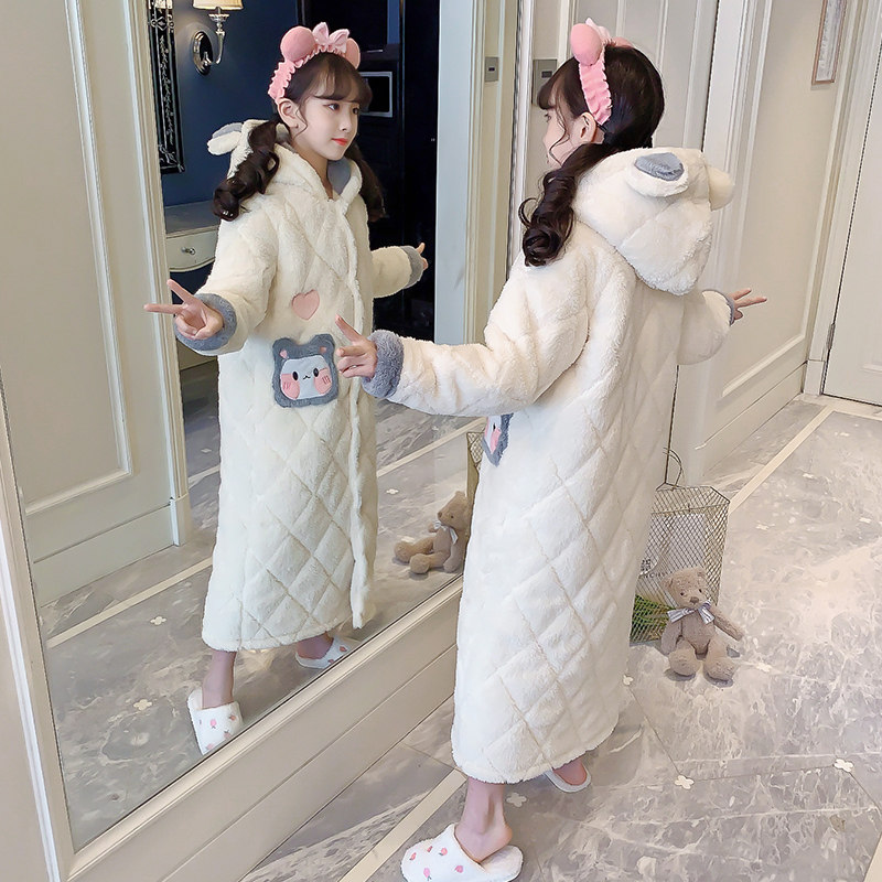 儿童睡袍冬季三层夹棉睡衣法兰绒加厚小孩女童米白保暖珊瑚绒浴袍