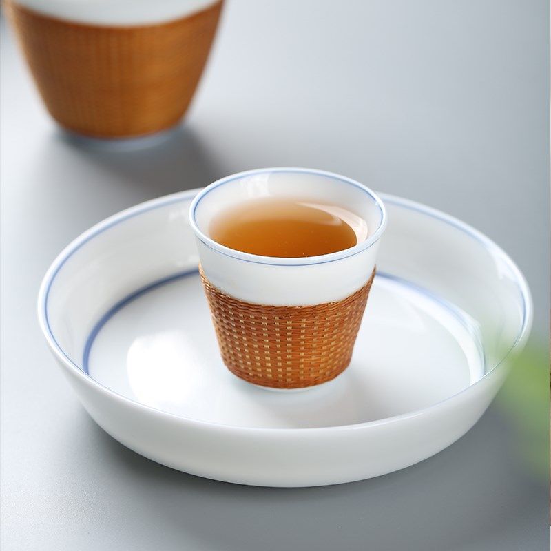 新中式竹编竹丝扣瓷茶杯白瓷盖碗套装家用竹编杯子功夫茶具主人杯