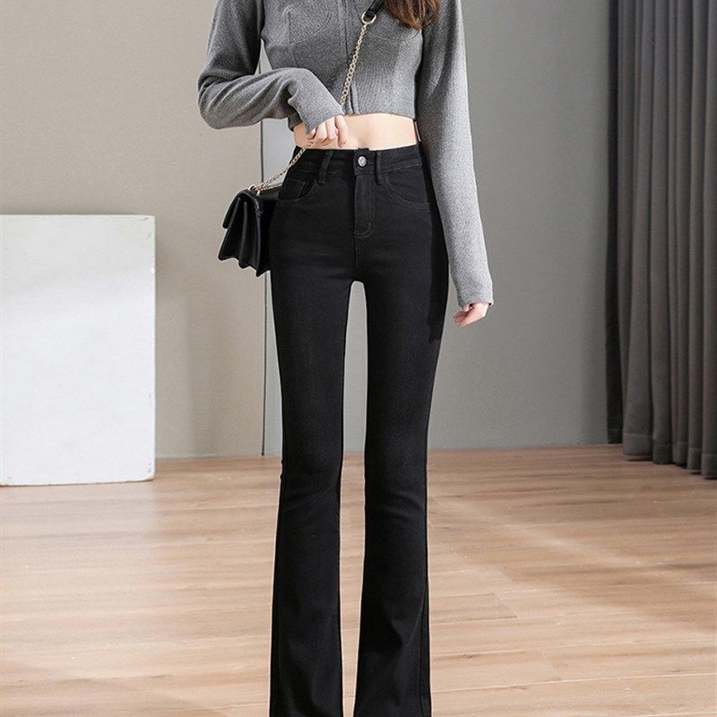 黑色高腰微喇叭牛仔裤女早春2023新款夏薄款小个子九分显瘦直筒裤