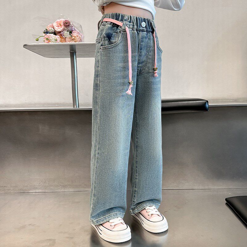 女童牛仔裤2024新款春秋款儿童裤子春季阔腿裤大童早春女孩直筒裤