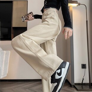 阔腿牛仔裤 卡其色直筒裤 显瘦高腰宽松棕色窄版 2024年新款 子女春装