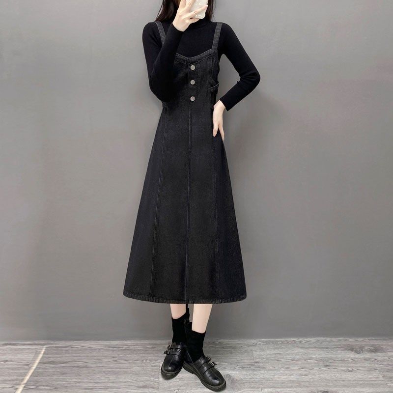 2024中长裙新款秋季胖mm百搭宽松收腰背带长裙牛仔吊带a字连衣裙,女装/女士精品,连衣裙,淘宝优惠券,粉丝福利购,淘宝优惠卷