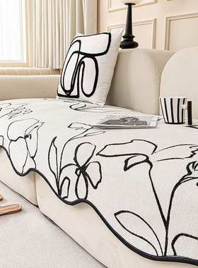 黑色花朵异形沙发垫四季通用客厅直排三人沙发不规则防滑坐垫盖布