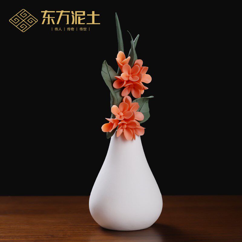 东方泥土月季桂花小花瓶手工捏花假花仿真花陶瓷摆件茶室桌面装饰