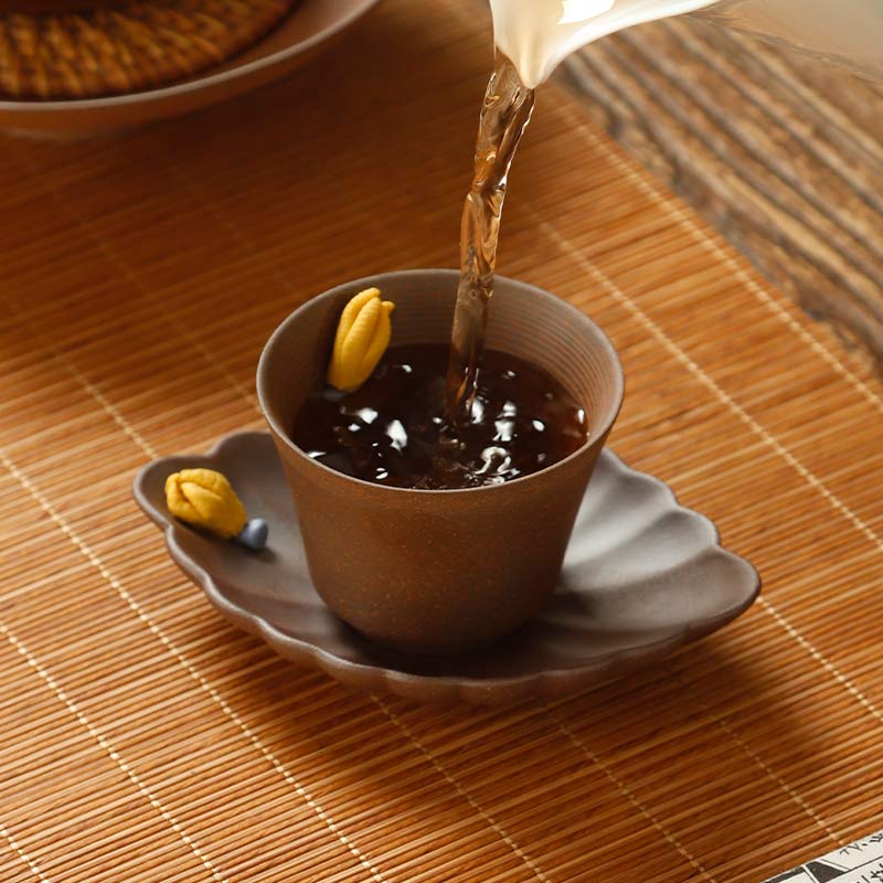 老岩泥粗陶佛手品茗杯茶杯主人杯单杯中式复古茶碗杯垫托功夫茶具