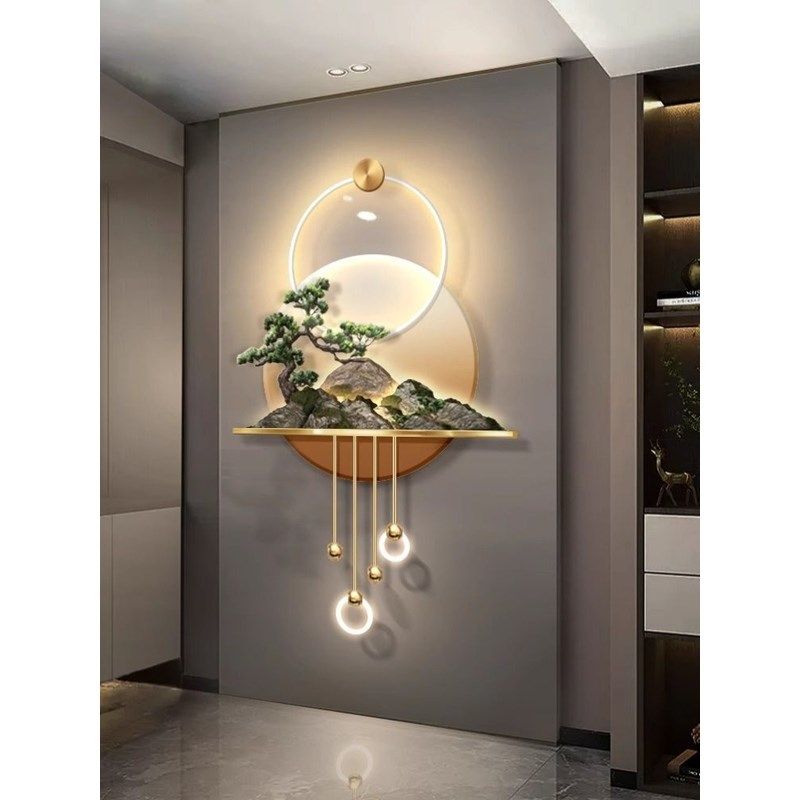 背景墙3d立体壁画带灯玄关装饰画过道走廊山水挂画客厅背景墙壁灯